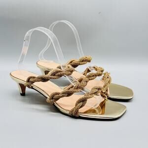 J Crew Shoes Womens 10 Gold Crystal Braided Strappy Kitten Heel Slip On Shoes